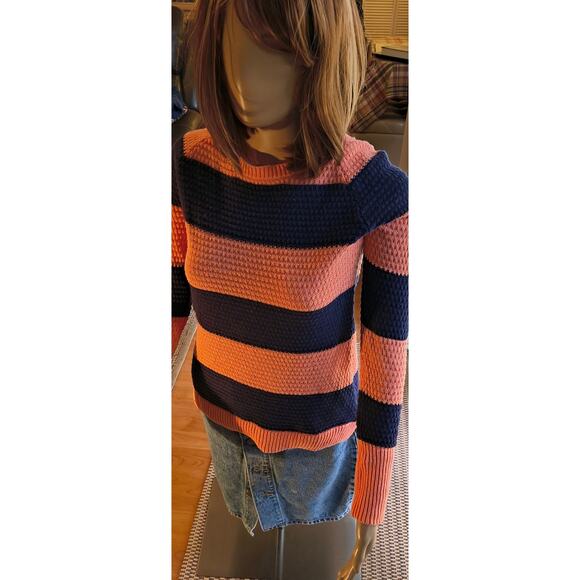 Between Me and You Waffle Knit Pullover – Orange & Blue Stripes, Size S - Picture 1 of 5